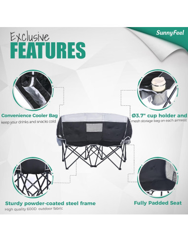 Silla de Camping Doble Plegable SunnyFeel Negra para 2 Personas