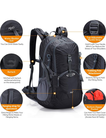 Mochila de Senderismo G4Free 45L Impermeable con Funda Lluvia