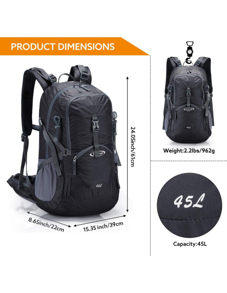 Mochila de Senderismo G4Free 45L Impermeable con Funda Lluvia