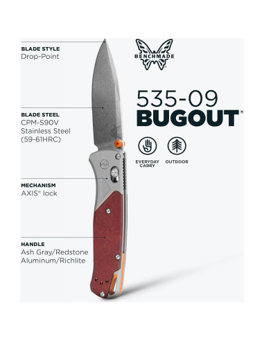 Cuchillo EDC Benchmade Bugout 535-09 Aluminio Gris/Rojo 15.24cm