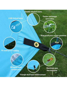 Toldo Impermeable VILLEY 10x11.5ft Azul para Camping y Playa 2