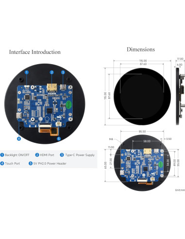 Pantalla Táctil Redonda UeeKKoo 3.4" HDMI 800x800 IPS