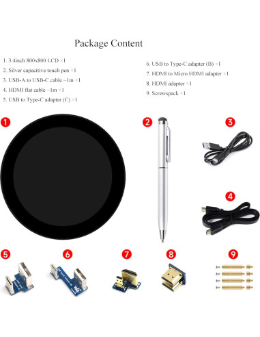 Pantalla Táctil Redonda UeeKKoo 3.4" HDMI 800x800 IPS