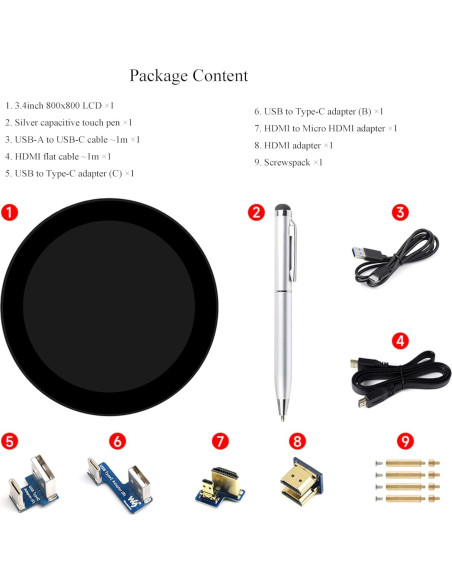 Pantalla Táctil Redonda UeeKKoo 3.4" HDMI 800x800 IPS