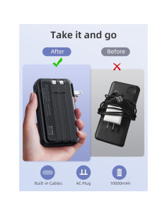 Cargador Portátil RORRY 10000mAh con Enchufe y Cables Integrados 2