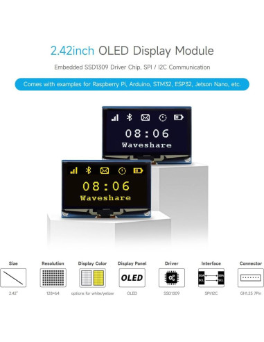 Módulo Pantalla OLED 2.42" Waveshare 128x64 SPI/I2C Blanca