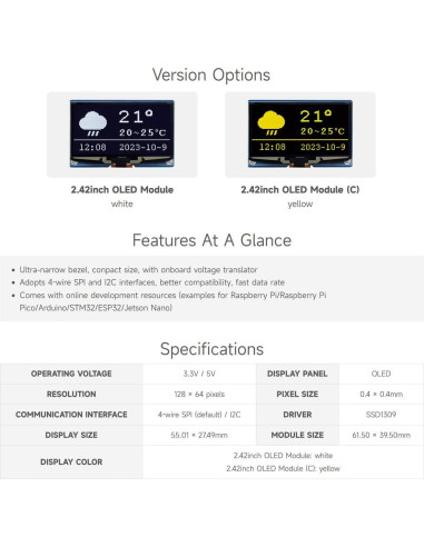 Módulo Pantalla OLED 2.42" Waveshare 128x64 SPI/I2C Blanca