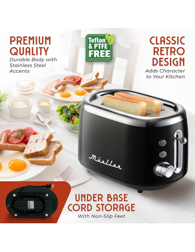 Tostadora Retro 2 Rebanadas Muellerhome Acero Inoxidable Negro