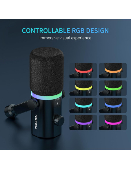 Micrófono Dinámico XLR/USB FEELWORLD PM1 con Soporte y RGB