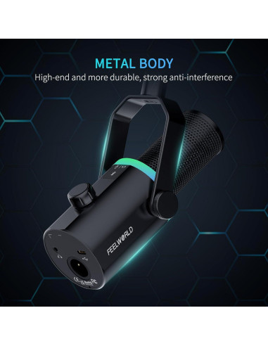 Micrófono Dinámico XLR/USB FEELWORLD PM1 con Soporte y RGB