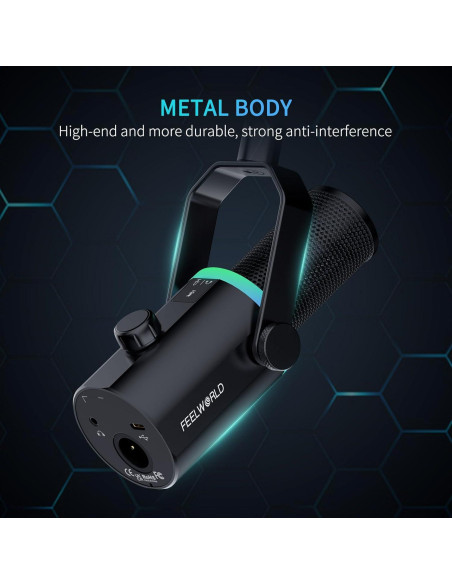 Micrófono Dinámico XLR/USB FEELWORLD PM1 con Soporte y RGB