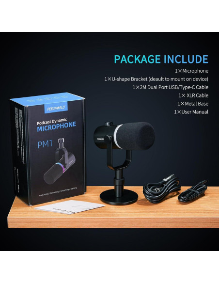 Micrófono Dinámico XLR/USB FEELWORLD PM1 con Soporte y RGB