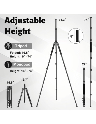Trípode JOILCAN Profesional de Aluminio 74" Ajustable