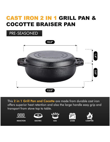 Olla Holandesa de Hierro Fundido Bruntmor 3.3L Pre-Sazonada