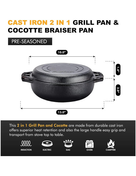 Olla Holandesa de Hierro Fundido Bruntmor 3.3L Pre-Sazonada