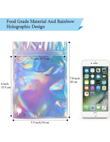 50 Bolsas Mylar Holográficas 14x20 cm Reutilizables HRX Package
