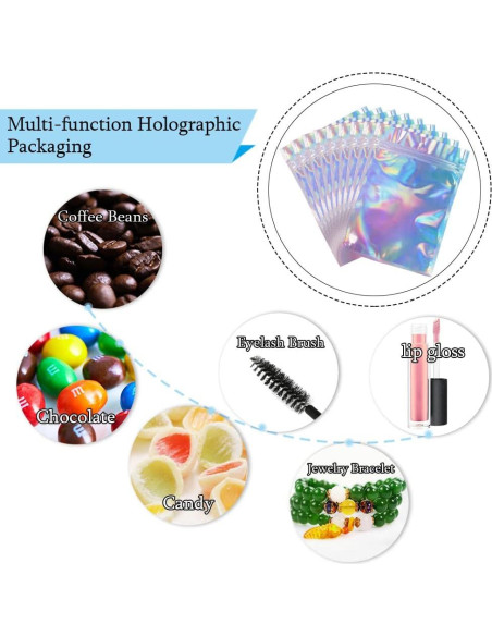 50 Bolsas Mylar Holográficas 14x20 cm Reutilizables HRX Package