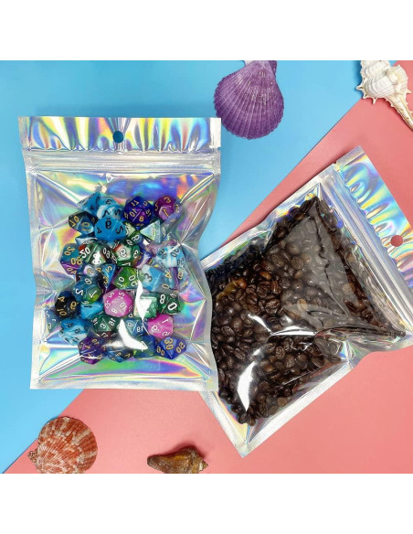 50 Bolsas Mylar Holográficas 14x20 cm Reutilizables HRX Package