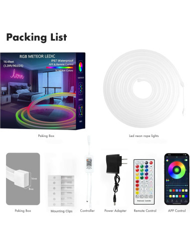 Tira LED de Neón 5m HRDJ, IP67, Control Remoto, Sincronización Música