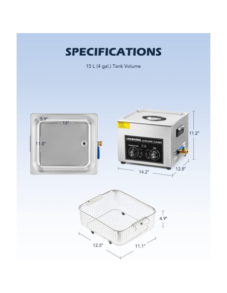 Limpiador Ultrasónico CREWORKS 15L 760W Digital con Calentador