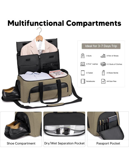 Bolsa Duffle de Ropa Vessgra 2 en 1 Verde Militar 15 Compartimentos