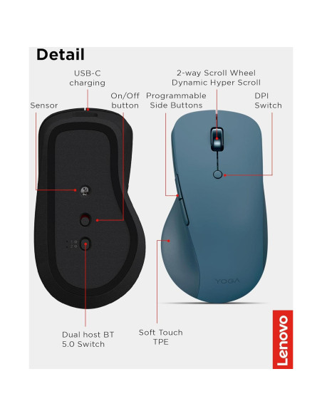 Mouse Bluetooth Lenovo Yoga Pro Teal Tidal, Recargable USB-C