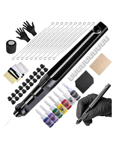 Kit de Tatuaje Hawink con Pluma, 7 Tintas y 20 Agujas