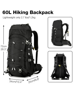 Mochila de Senderismo 60L Outplea Impermeable Unisex Negra 2