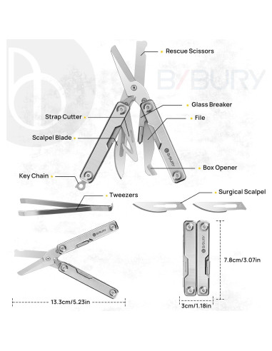 BIBURY Mini Multitool BI2052A 8 en 1 Tijeras de Llavero