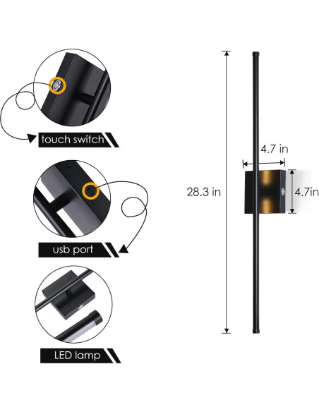 Aplique de pared LED Morpholife negro 71.8 cm recargable USB