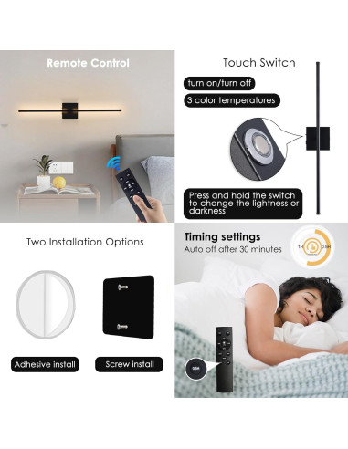 Aplique de pared LED Morpholife negro 71.8 cm recargable USB