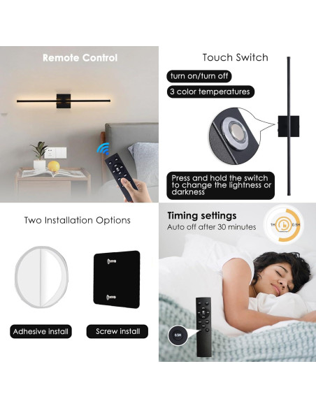 Aplique de pared LED Morpholife negro 71.8 cm recargable USB