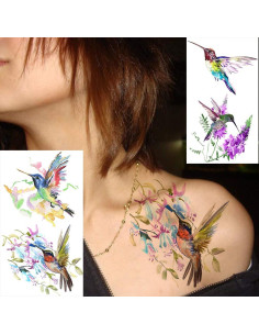 15 Hojas Tatuajes Temporales FANRUI Acuarela Colibrí 10x6cm 2