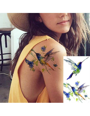 15 Hojas Tatuajes Temporales FANRUI Acuarela Colibrí 10x6cm
