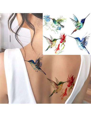 15 Hojas Tatuajes Temporales FANRUI Acuarela Colibrí 10x6cm