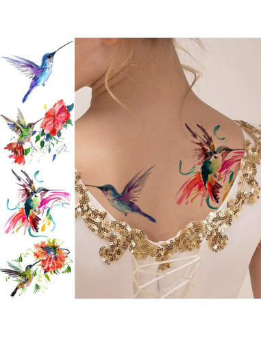15 Hojas Tatuajes Temporales FANRUI Acuarela Colibrí 10x6cm