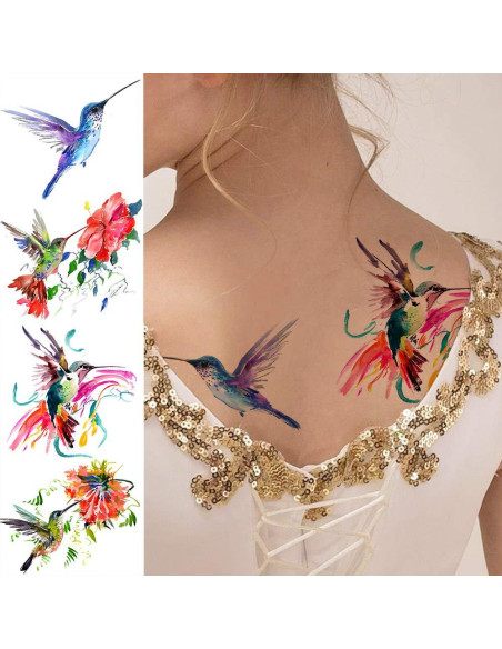 15 Hojas Tatuajes Temporales FANRUI Acuarela Colibrí 10x6cm