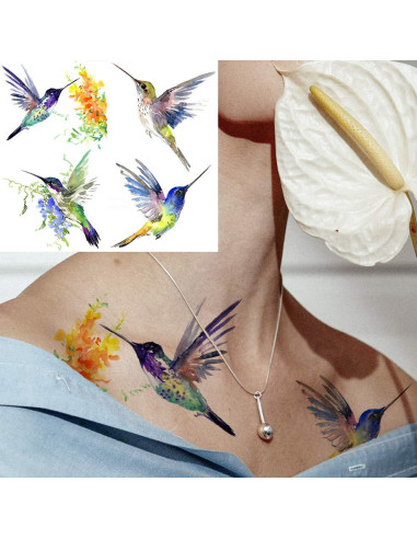 15 Hojas Tatuajes Temporales FANRUI Acuarela Colibrí 10x6cm