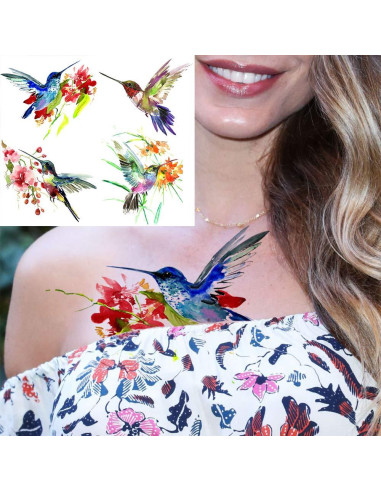 15 Hojas Tatuajes Temporales FANRUI Acuarela Colibrí 10x6cm