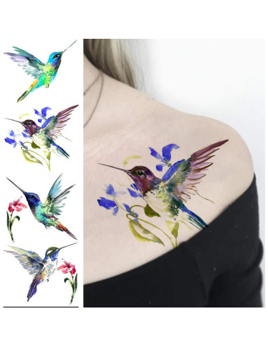 15 Hojas Tatuajes Temporales FANRUI Acuarela Colibrí 10x6cm