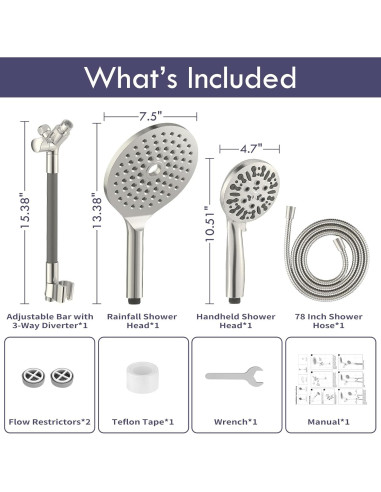 Cabeza de Ducha Doble HOWUWEY 7.5" (19 cm) con Mano 9 Modos