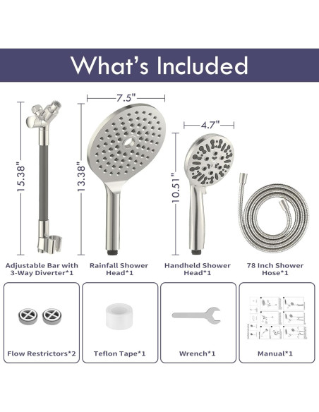 Cabeza de Ducha Doble HOWUWEY 7.5" (19 cm) con Mano 9 Modos