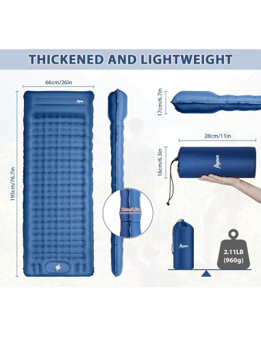 Colchoneta Inflable de Camping Agoer 195x66x12.7cm Azul