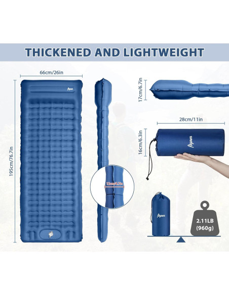 Colchoneta Inflable de Camping Agoer 195x66x12.7cm Azul