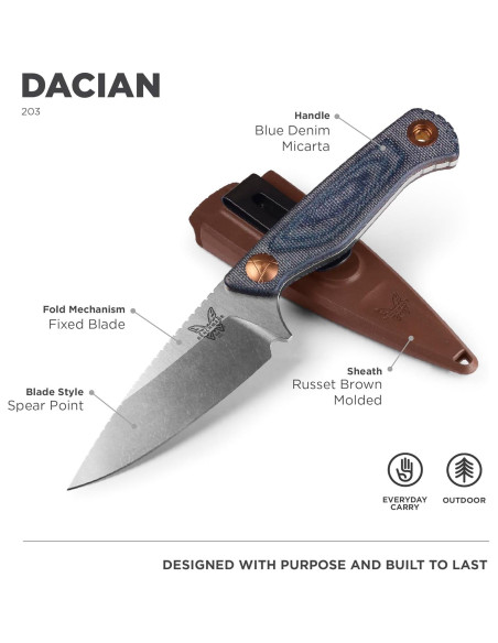 Cuchillo de hoja fija Benchmade Dacian 203 Micarta azul 19.21cm