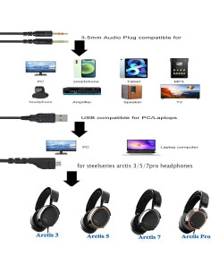 Cable de Audio USB de 2m para Auriculares SteelSeries Arctis 3/5/7/Pro 2
