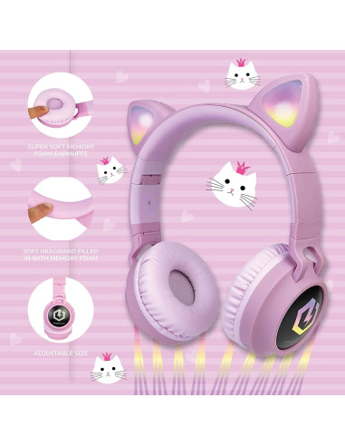 Auriculares Inalámbricos PowerLocus para Niños Rosa, Bluetooth 5.0, Límite 85dB