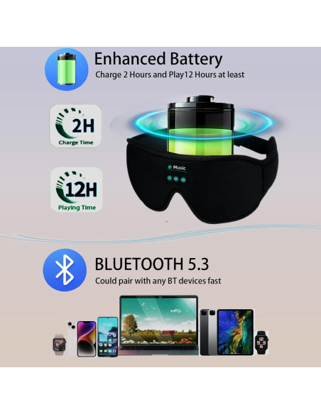 Máscara para dormir con auriculares Bluetooth 5.3 3D gris
