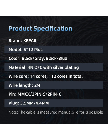 Cable IEM KBEAR ST12 Plus 2m 8 Núcleos 4N OFC 2PIN 3.5MM