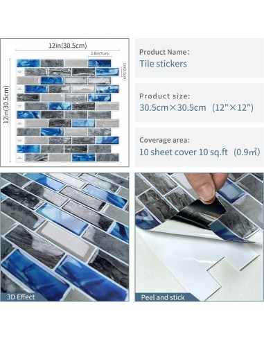 Fondo de Cocina Autoadhesivo DEWOO 3D Mármol Azul 10 Hojas 30x30 cm